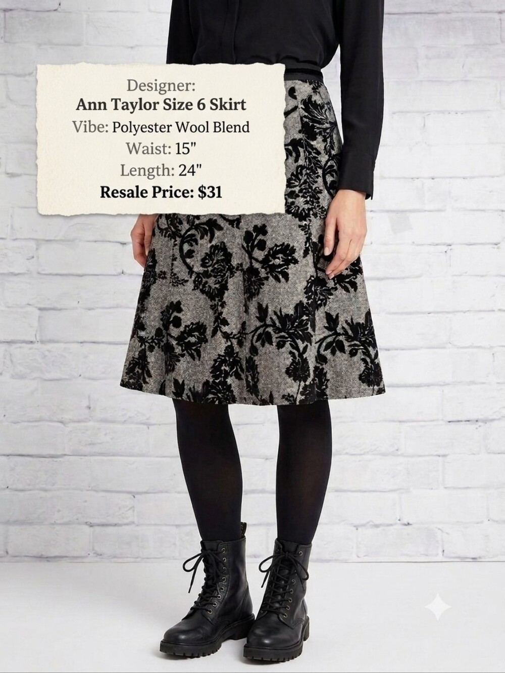 Ann Taylor Black and Gray Floral A-Line Skirt